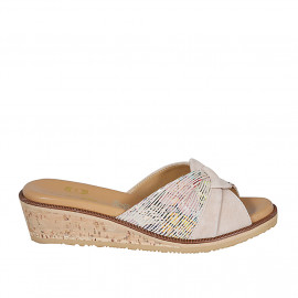 Mule pour femmes en daim beige et imprimé multicouleur talon compensé 4 - Pointures disponibles: 42