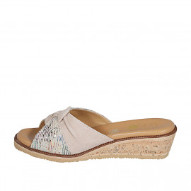 Woman's mule in beige and multicolored printed suede wedge heel 4 - Available sizes:  42 2