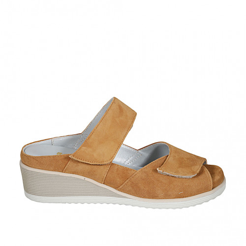 Woman's mules in cognac brown suede with removable insole and velcro wedge heel 4 - Available sizes:  31, 43