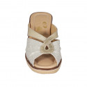 Woman's mules in beige printed suede and platinum laminated leather wedge heel 6 - Available sizes:  42