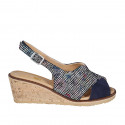 Woman's sandal in multicolored printed and blue suede wedge heel 6 - Available sizes:  33, 42, 44