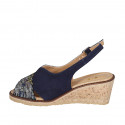Woman's sandal in multicolored printed and blue suede wedge heel 6 - Available sizes:  33, 42, 44