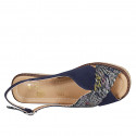 Woman's sandal in multicolored printed and blue suede wedge heel 6 - Available sizes:  33, 42, 44