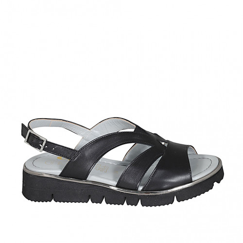 Woman's sandal in black leather with elastic band wedge heel 3 - Available sizes:  32, 33, 44, 45