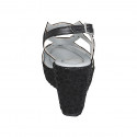 Sandale pour femmes avec plateforme en cuir noir et tissu lamé talon compensé 9 - Pointures disponibles:  43, 45