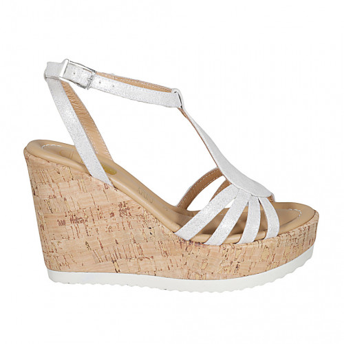 Woman's platform sandal with strap in silver laminated leather wedge heel 10 - Available sizes:  31, 32, 42, 43, 44, 45