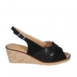 Sandale pour femmes en daim et daim lamé noir talon compensé 6 - Pointures disponibles: 32, 44