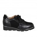 Woman's laced shoe with zipper in black leather and suede wedge heel 3 - Available sizes:  43, 44