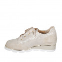Woman's laced shoe with zipper and removable insole in beige and laminated platinum suede wedge heel 3 - Available sizes:  43