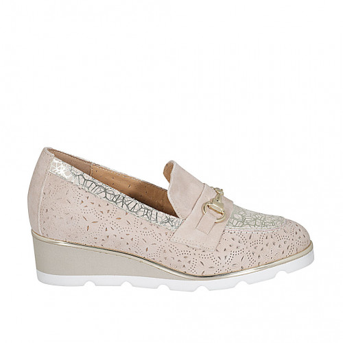 Woman's moccasin with accessory and removable insole in beige pierced suede and platinum printed suede wedge heel 4 - Available sizes:  31, 42, 44, 45