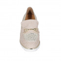 Woman's moccasin with accessory and removable insole in beige pierced suede and platinum printed suede wedge heel 4 - Available sizes:  31, 42, 44, 45