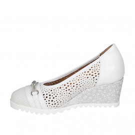 Woman's pump in white pierced suede and leather with accessory and removable insole wedge heel 6 - Available sizes:  31, 42 2
