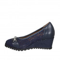 Woman's pump in blue pierced suede and leather with accessory and removable insole wedge heel 6 - Available sizes:  34, 45