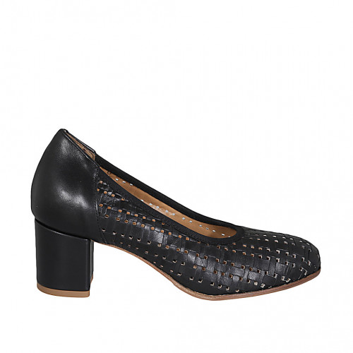 Woman's pump in black pierced and braided leather with removable insole heel 6 - Available sizes:  33, 44