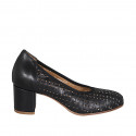 Chaussure pour femmes en cuir perforé et tressé noir avec semelle amovible talon 6 - Pointures disponibles:  33, 44