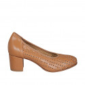 Woman's pump in tan brown pierced and braided leather with removable insole heel 6 - Available sizes:  33, 34, 42, 44, 45