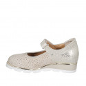 Woman's pump with velcro strap and removable insole in beige pierced and platinum printed wedge heel 4 - Available sizes:  44