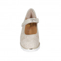 Woman's pump with velcro strap and removable insole in beige pierced and platinum printed wedge heel 4 - Available sizes:  34, 44, 45