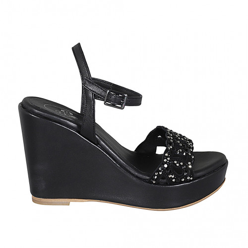 Woman's sandal in black leather with strap, rhinestones, platform and wedge heel 10 - Available sizes:  42, 44, 46