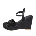 Woman's sandal in black leather with strap, rhinestones, platform and wedge heel 10 - Available sizes:  42, 44, 46