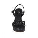 Sandale pour femmes en cuir noir avec courroie, strass, plateforme et talon compensé 10 - Pointures disponibles:  42, 44, 46