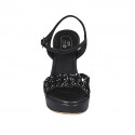 Woman's sandal in black leather with strap, rhinestones, platform and wedge heel 10 - Available sizes:  42, 44, 46