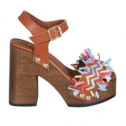 Woman's strap sandal with platform, fringes and studs in cognac brown leather and multicolored raffia heel 12 - Available sizes:  42, 45