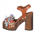 Woman's strap sandal with platform, fringes and studs in cognac brown leather and multicolored raffia heel 12 - Available sizes:  42, 45