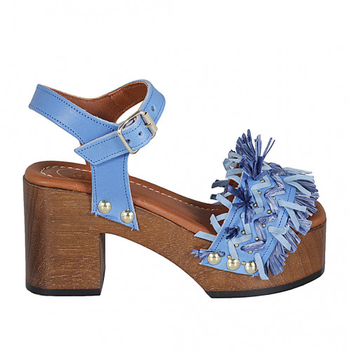 Woman's strap sandal with platform, fringes and studs in light blue leather and raffia heel 8 - Available sizes:  42, 43, 45