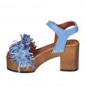 Woman's strap sandal with platform, fringes and studs in light blue leather and raffia heel 8 - Available sizes:  42, 43, 45