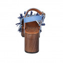 Woman's strap sandal with platform, fringes and studs in light blue leather and raffia heel 8 - Available sizes:  42, 43, 45