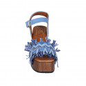 Woman's strap sandal with platform, fringes and studs in light blue leather and raffia heel 8 - Available sizes:  42, 43, 45