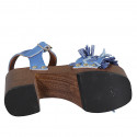 Woman's strap sandal with platform, fringes and studs in light blue leather and raffia heel 8 - Available sizes:  42, 43, 45