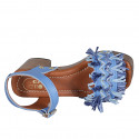 Woman's strap sandal with platform, fringes and studs in light blue leather and raffia heel 8 - Available sizes:  42, 43, 45