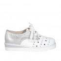 Woman's laced shoe in pierced white leather and silver laminated leather wedge heel 4 - Available sizes:  42, 43