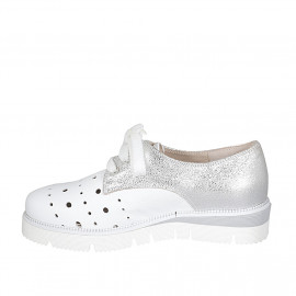 Woman's laced shoe in pierced white leather and silver laminated leather wedge heel 4 - Available sizes:  42, 43 2