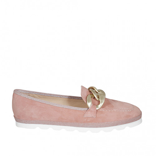 Mocassin pour femmes en daim rose avec chaîne talon compensé 1 - Pointures disponibles:  33, 42, 43, 44