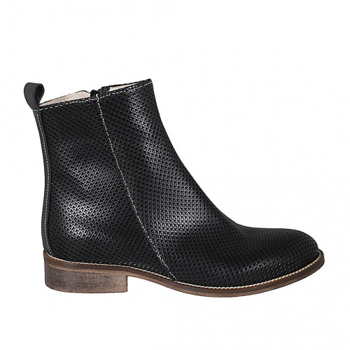 Woman's ankle boot with zipper in black pierced leather heel 3 - Available sizes:  32, 33, 34, 43, 45, 46