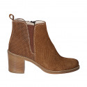 Woman's ankle boot with zipper and elastic band in tan brown pierced suede heel 7 - Available sizes:  44, 46
