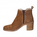 Woman's ankle boot with zipper and elastic band in tan brown pierced suede heel 7 - Available sizes:  44, 46