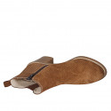 Woman's ankle boot with zipper and elastic band in tan brown pierced suede heel 7 - Available sizes:  44, 46