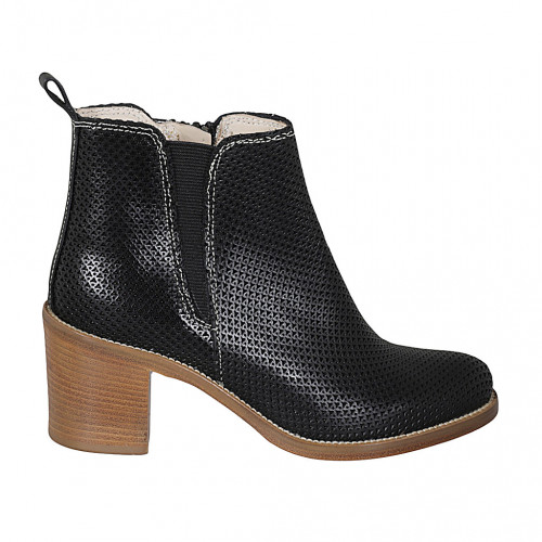 Woman's ankle boot with zipper and elastic band in black pierced leather heel 7 - Available sizes:  42, 45