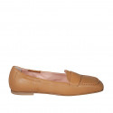 Woman's loafer with squared tip and elastic bands in tan brown leather heel 1 - Available sizes:  33, 34, 43, 45