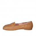 Woman's loafer with squared tip and elastic bands in tan brown leather heel 1 - Available sizes:  33, 34, 43, 45