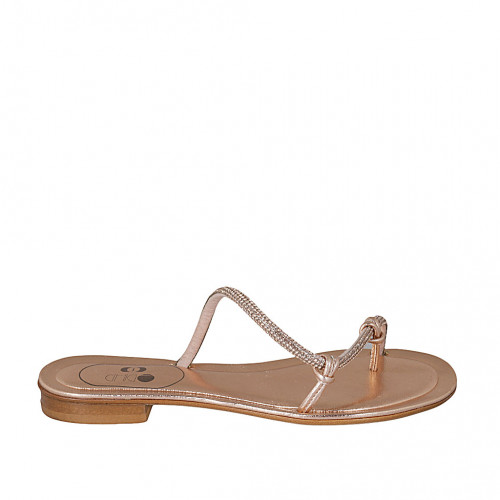 Woman's thong mules with rhinestones in copper laminated leather heel 2 - Available sizes:  42