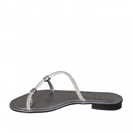 Woman's thong mules with rhinestones in steel grey laminated leather heel 2 - Available sizes:  42 2