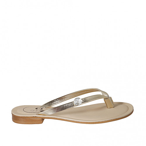 Woman's thong mules with rhinestone in platinum laminated leather heel 2 - Available sizes:  42