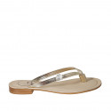 Woman's thong mules with rhinestone in platinum laminated leather heel 2 - Available sizes:  42