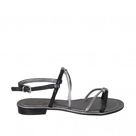 Woman's sandal with rhinestones in black and steel grey laminated leather heel 2 - Available sizes:  42, 45