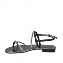 Woman's sandal with rhinestones in black and steel grey laminated leather heel 2 - Available sizes:  33, 34, 42, 45